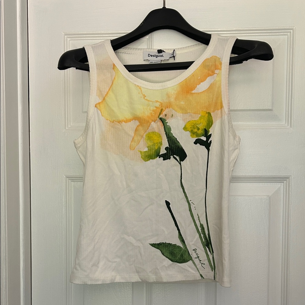 Desigual Women's Tank Top with Yellow and Green Floral Design